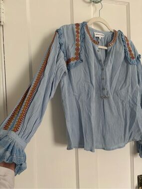 Light Blue Embroidered Peasant Blouse